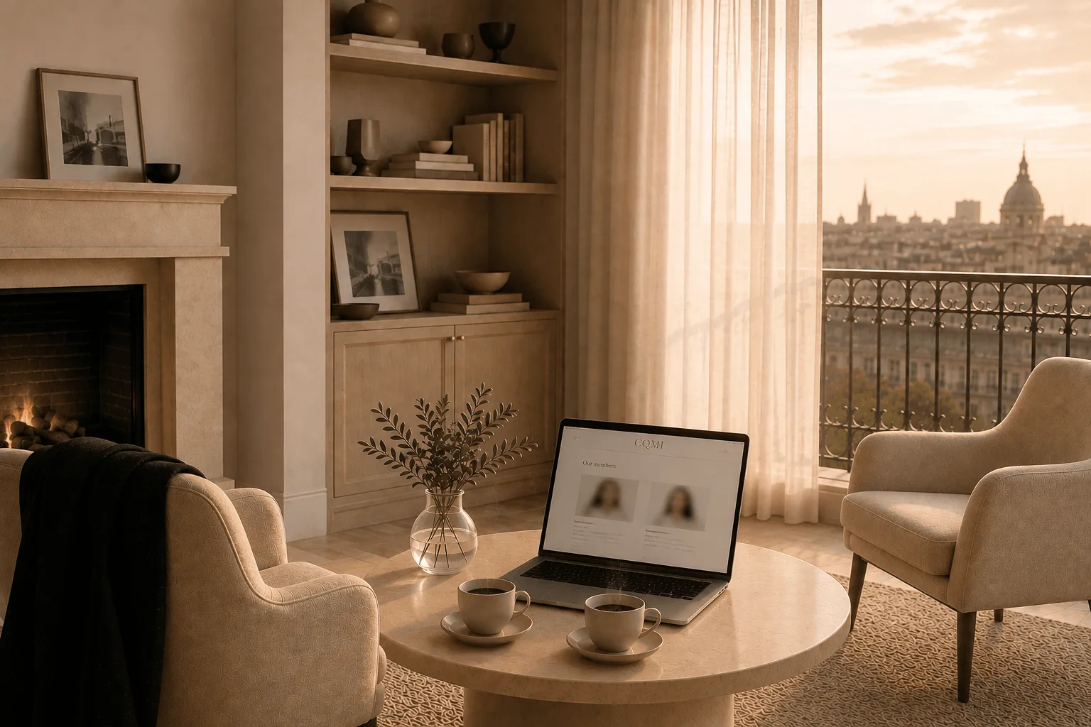 Living room with fireplace, two armchairs and a laptop