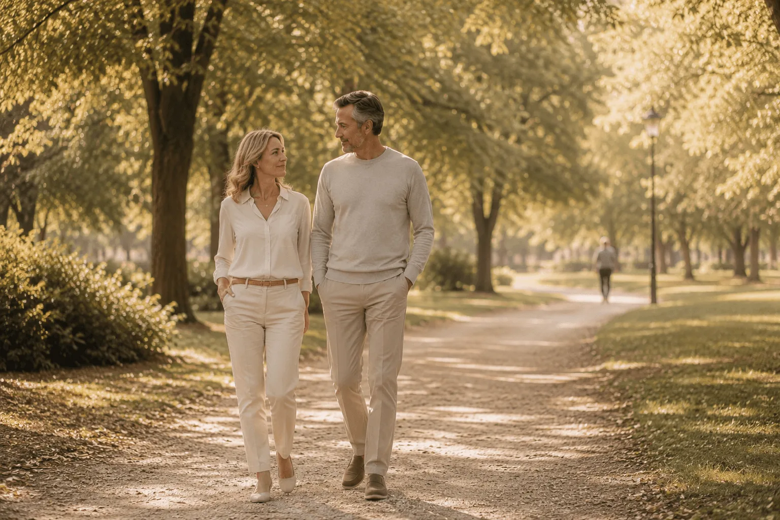 Couple walking in a park at golden hour